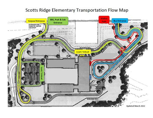 Transportation flow map that includes the carpool entrance, EBS, PreK and cab entrances, walker path and bus entrance.